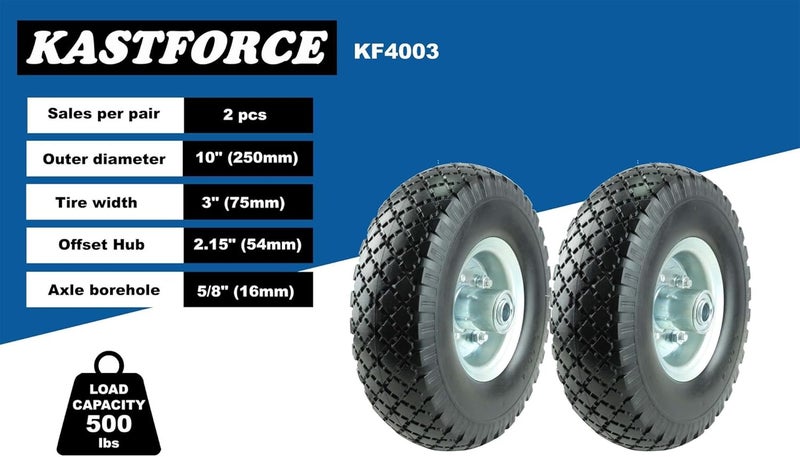 KASTFORCE KF4003 Twin Pack 10-Inch Solid Rubber Tire Wheels Replacement 3.00-4 Tires Wheels Flat Free with 5/8" Bearings 2.15" Offset Hub Perfect for Hand Truck Wheelbarrow Garden Cart Non-Flat - Image 3